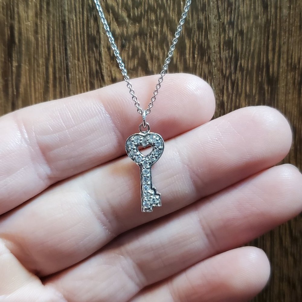 18 Inch 925 Sterling Silver Cubic Zirconia Small Key Pendant Necklace